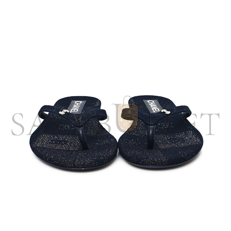 Ch*el cotton silk crystal cc thong sandals dark blue silver 362268